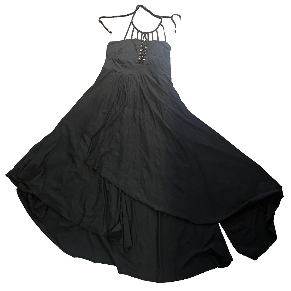 Black Corset Maxi Dress Asymmetrical Lace Up Caged Witchy Fairy Grunge Goth 16W - Picture 5 of 13